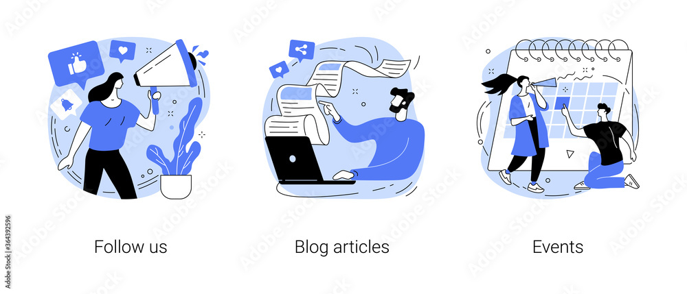 Corporate website links abstract concept vector illustration set. Follow us, blog articles, events, social media, subscribe for newsletter, publications, company page, notification abstract metaphor.