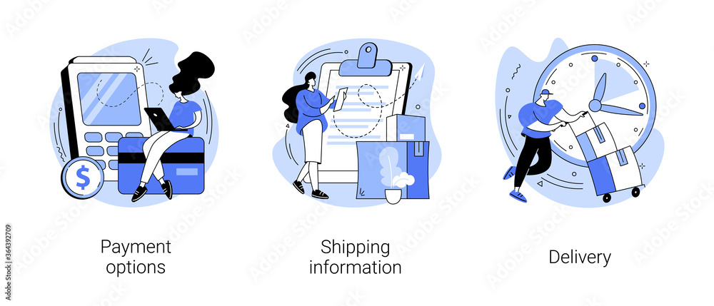 E-commerce website order processing abstract concept vector illustration set. Payment options, shipping information, delivery, shopping cart, online banking, international delivery abstract metaphor.