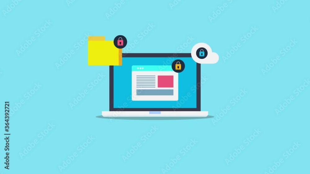 Data protection, secure website access, internet security, protecting data and information stored on laptop or shared with cloud network. Shield to protect personal privacy concept. 2d animation. Data protection, secure website access, internet security, protecting data and information stored on laptop or shared with cloud network. Shield to protect personal privacy concept. 2d animation.
