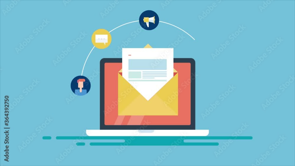 laptop with envelope and open email on screen. Email marketing, newsletter promotion, digital advertising, data analysis, mix media concept. 2d animation, 4k video clip. laptop with envelope and open email on screen. Email marketing, newsletter promotion, digital advertising, data analysis, mix media concept. 2d animation, 4k video clip.