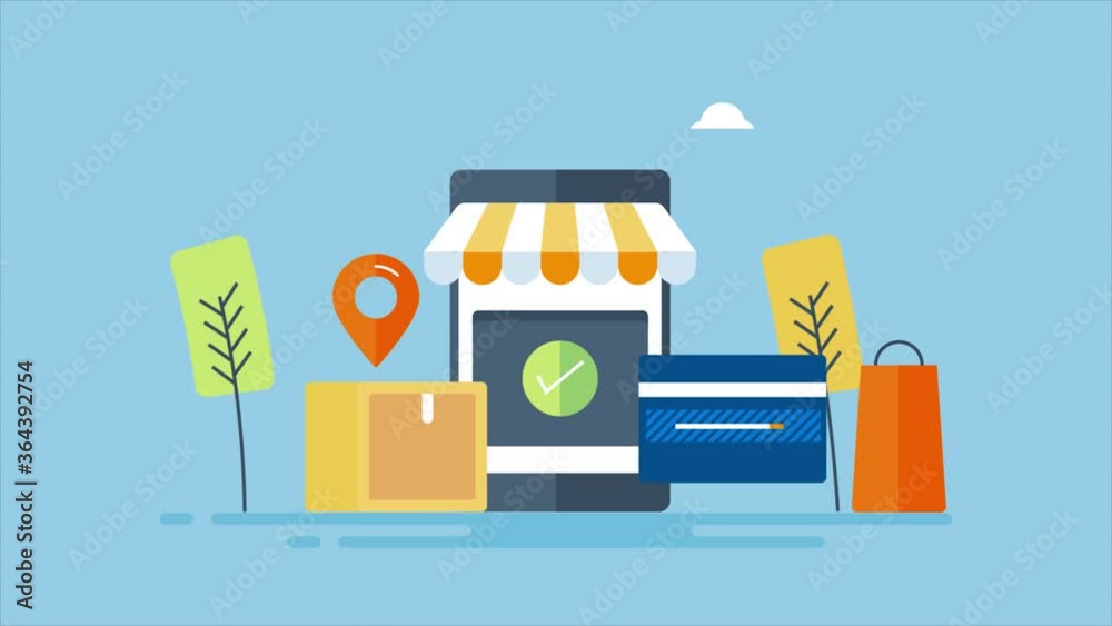 Shopping online with mobile application. Ecommerce online store on smartphone. Buy sell products online with mobile commerce technology. Mobile app representing online store front. 2d animation clip.