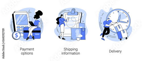 E-commerce website order processing abstract concept vector illustration set. Payment options, shipping information, delivery, shopping cart, online banking, international delivery abstract metaphor.