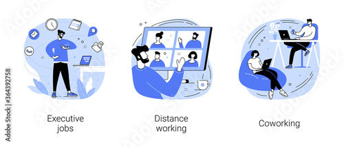 Job opportunity abstract concept vector illustration set. Executive jobs, distance working, coworking, professional growth, online team meeting, shared office space, collaboration abstract metaphor.