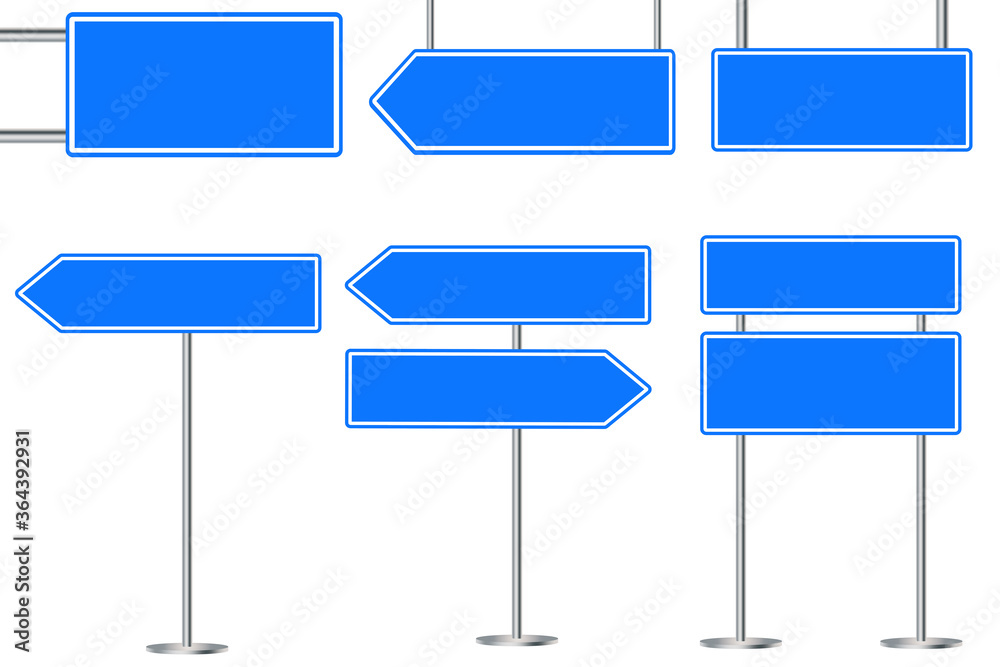 Blue road sign. Empty roadsign for the street. Arrow and board for location. Vector image. Stock Photo. Blue road sign. Empty roadsign for the street. Arrow and board for location. Vector image. Stock Photo.