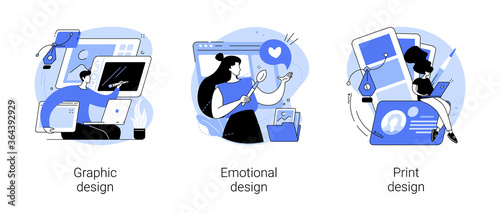Design services abstract concept vector illustration set. Graphic and print design, emotional engagement, landing web page, freelance illustrator, user experience, business card abstract metaphor.