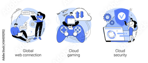 Global web connection abstract concept vector illustration set. Cloud gaming and security, cyber security engineering, network communication, internet, video streaming online abstract metaphor.