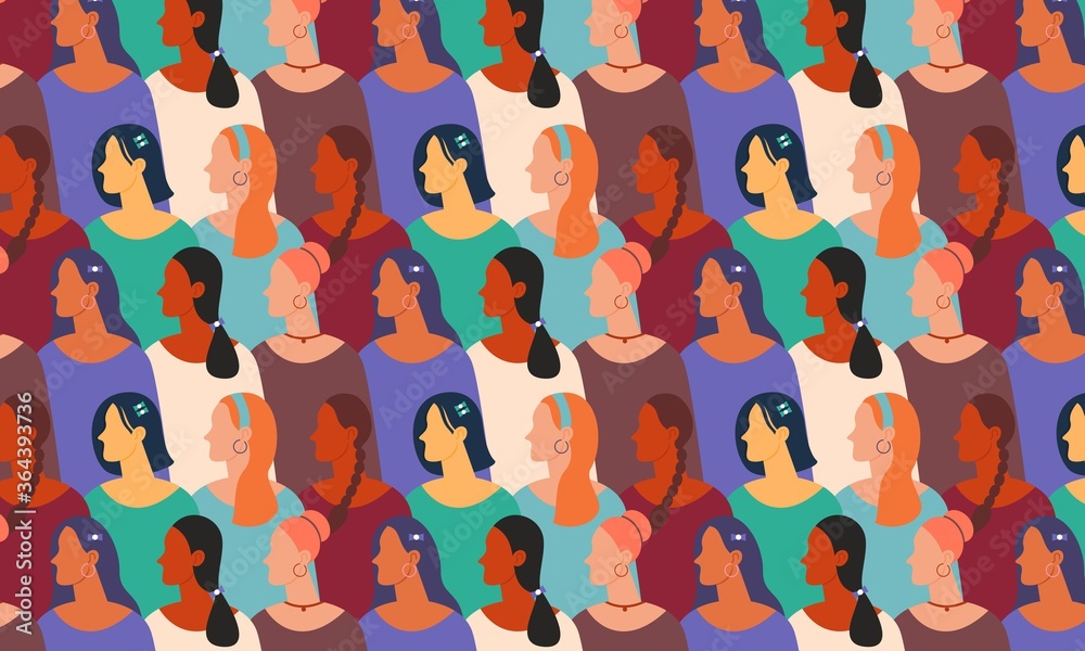 Fototapeta International Womens Day. Pattern women different nationalities and cultures illustration. Struggle for freedom, independence, equality