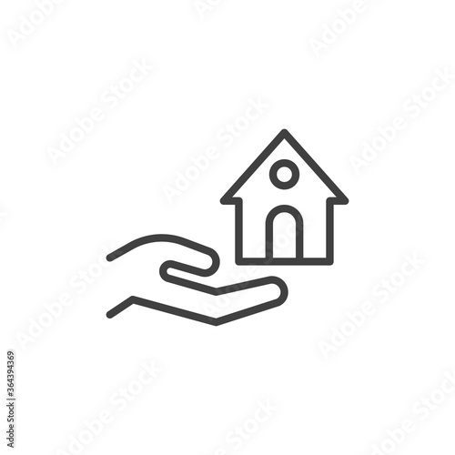 Hand and house line icon. linear style sign for mobile concept and web design. Property insurance, real estate outline vector icon. Symbol, logo illustration. Vector graphics