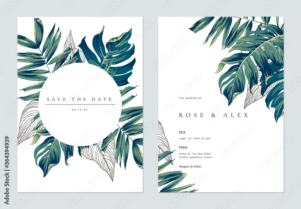 Botanical wedding invitation card template design, hand drawn tropical leaves on white