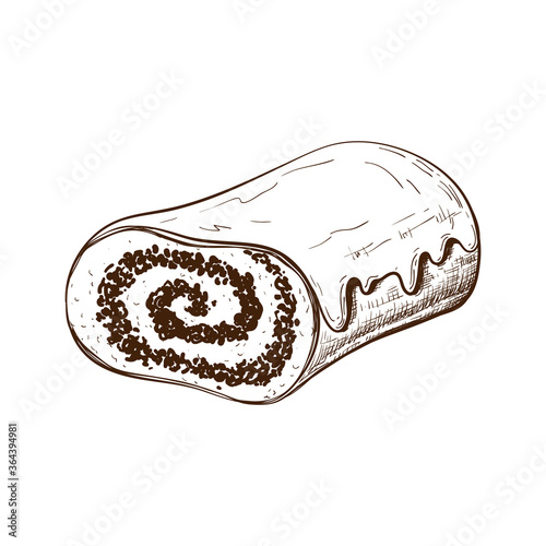 hand drawn poppy seed cake or strudel with isolated on white. bun or roll filled with poppy seeds or cinnamon. engraved pastry sketch. Vector illustration of polish traditional dessert. christmas cake