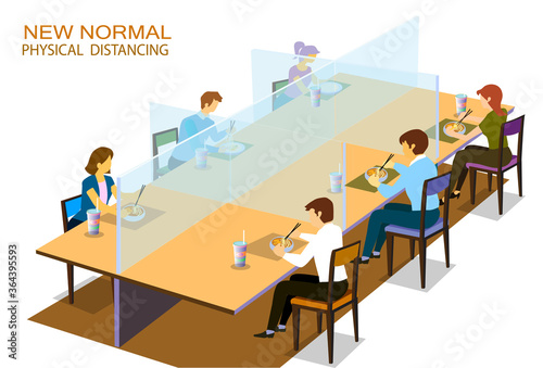 New normal  physical social distancing concept in restaurant   a man and a woman sit a distance apart in food center  a restaurant or a cafe.
