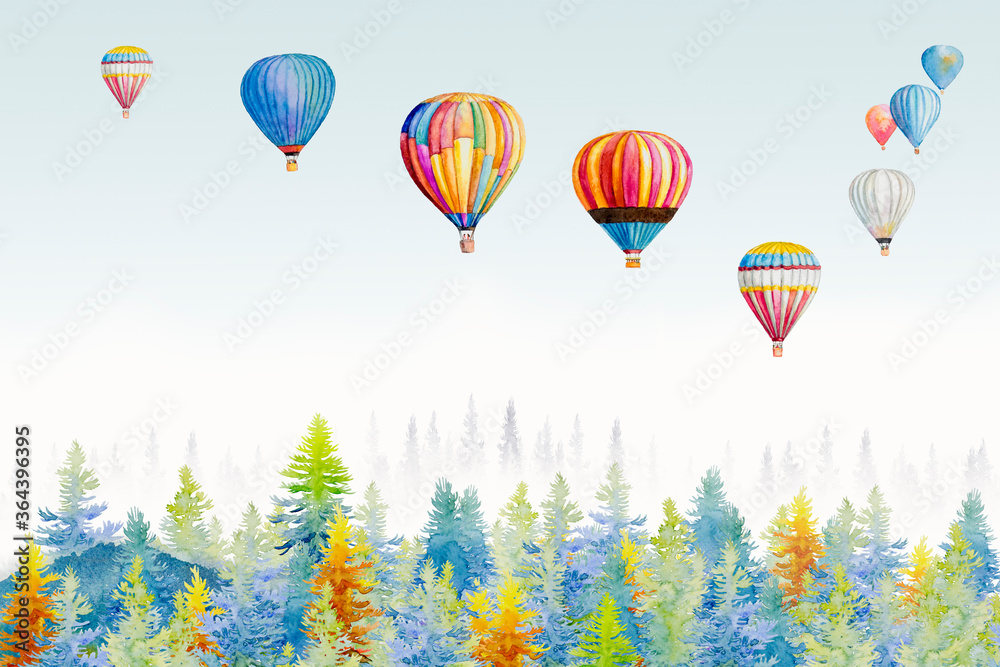 Obraz premium Watercolor painting colorful ballooning on forest mountain.