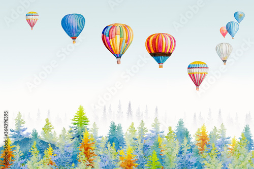 Watercolor painting colorful ballooning on forest mountain.