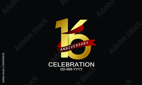 16 year anniversary red ribbon celebration logotype. anniversary logo with Red text and Spark light gold color isolated on black background, design for celebration, invitation - vector