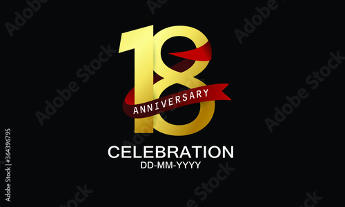 18 year anniversary red ribbon celebration logotype. anniversary logo with Red text and Spark light gold color isolated on black background, design for celebration, invitation - vector
