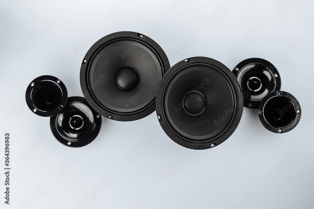 Car audio, car speakers, black subwoofer on a white background Car audio, car speakers, black subwoofer on a white background