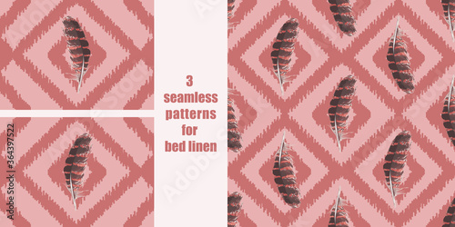 Feather and ethnic ornamental seamless patterns set for bed linen set