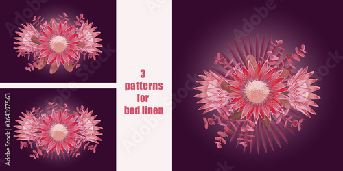 Tropical flowers seamless patterns set for bed linen