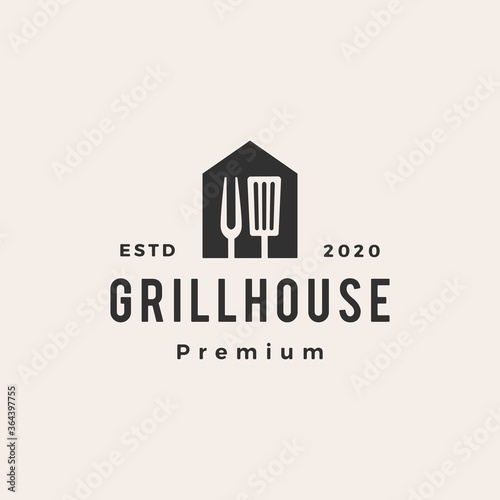 grill house spatula fork hipster vintage logo vector icon illustration
