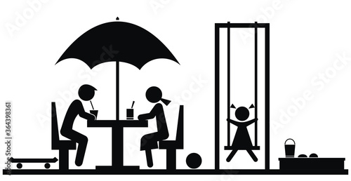 people adult and babies sitting in a restaurant under an umbrella, playground,  black silhouette, vector icon