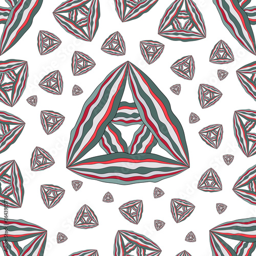 Ethnic boho motif on the white background. Vector geometric seamless pattern. Striped triangle with red, pink, green and grey color. 