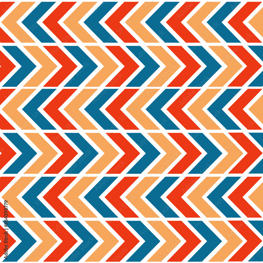 Seamless geometric pattern, colorful arrows. Retro vector background and illustration.
