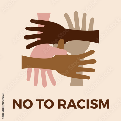 No to racism. Stop to racism and discrimination. Handshake of different races. Vector Illustration