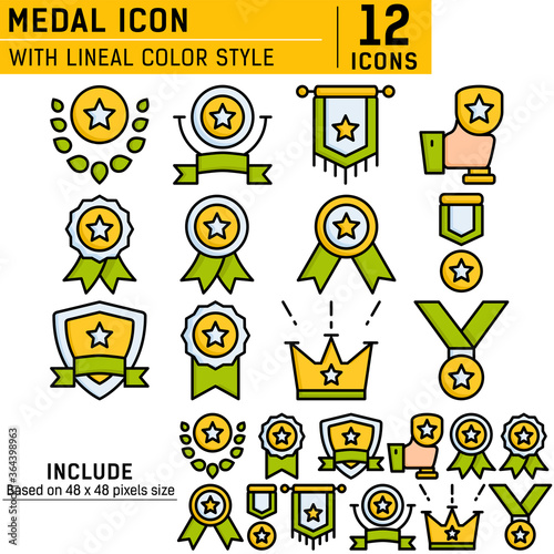 The winning and competition icon set with lineal color style on isolated white background. Ranking icon set contains such icons as star rating, star, medal, award, trophy, shield, ribbon and crown
