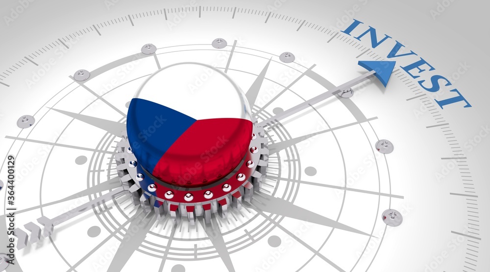Business concept. Abstract compass points to the invest word. Flag of the Czech Republic. 3D rendering Business concept. Abstract compass points to the invest word. Flag of the Czech Republic. 3D rendering