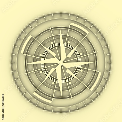 Brochure or report design element. Travel and discovery relative image. Compass symbol on geometry pattern. 3D rendering