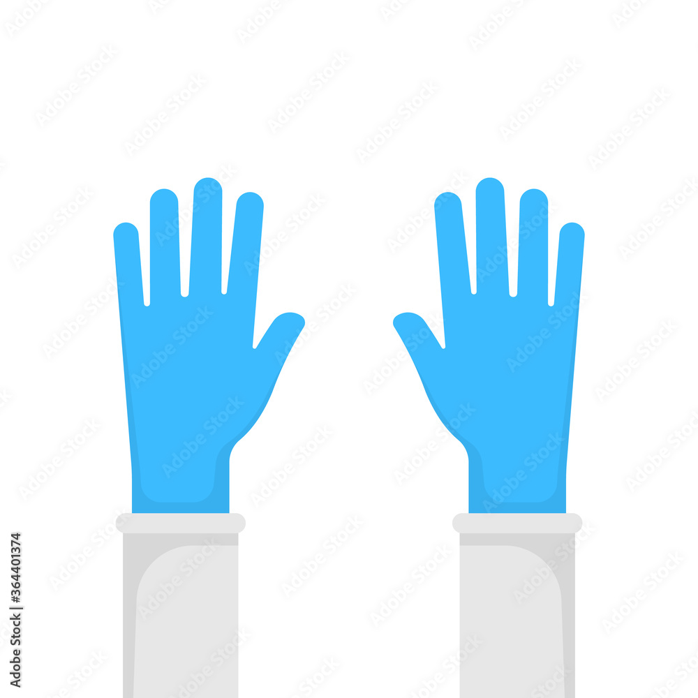 Hands putting on protective blue gloves. Vector illustration.