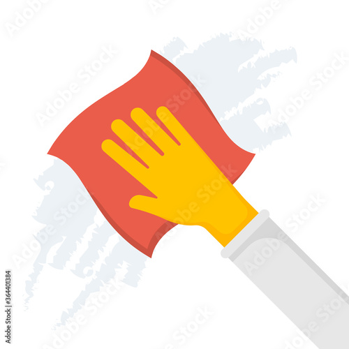 Hand holding napkin cloth cleaning wall. Vector illustration.