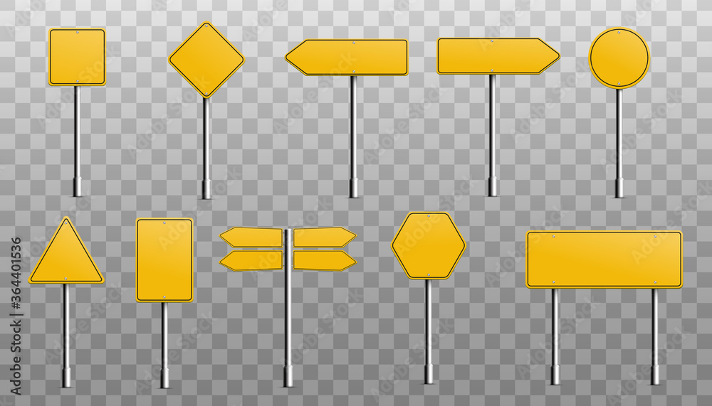 Yellow signboards or metal signage set, realistic vector illustration isolated.