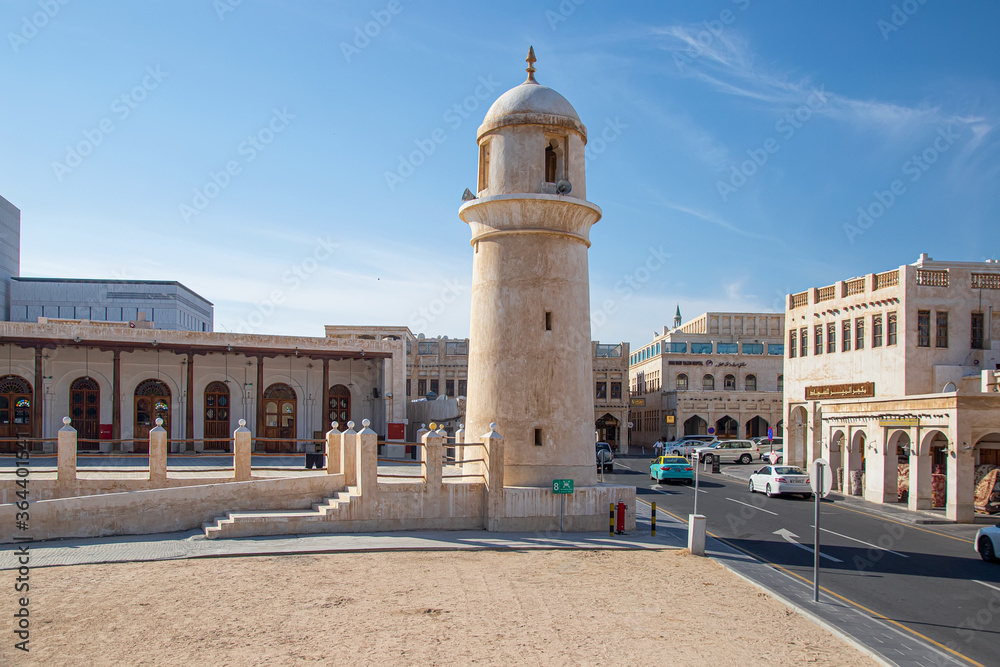 Al Ahmad Mosque, ancient mosque with its minaret in the heart of Souq Waqif, old traditional market in souk wakif. Mosque at Souq waqif.