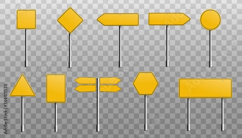 Yellow signboards or metal signage set, realistic vector illustration isolated.