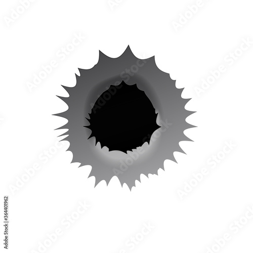 Bullet hole on white background. Realisic metal bullet hole, damage effect. Vector illustration.