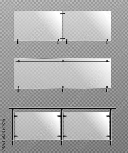 Mockup of glass fence sections set, realistic vector illustration isolated.