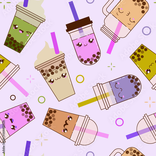 Kawaii seamless pattern with boba bubble milk tea on violet background. A popular Taiwanese drink with tapioca pearls. Cute cups with cocktails.