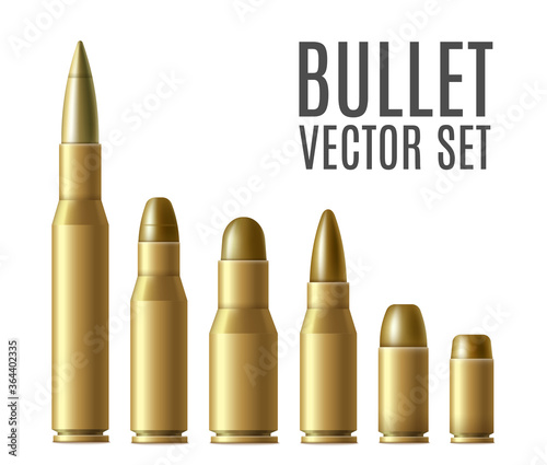 Photo Gold metal bullet set isolated on white background - different types