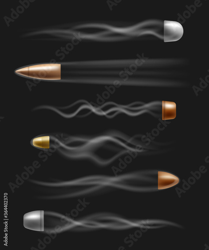 Bullet shot with fire smoke trail flying in fast motion - realistic isolated set