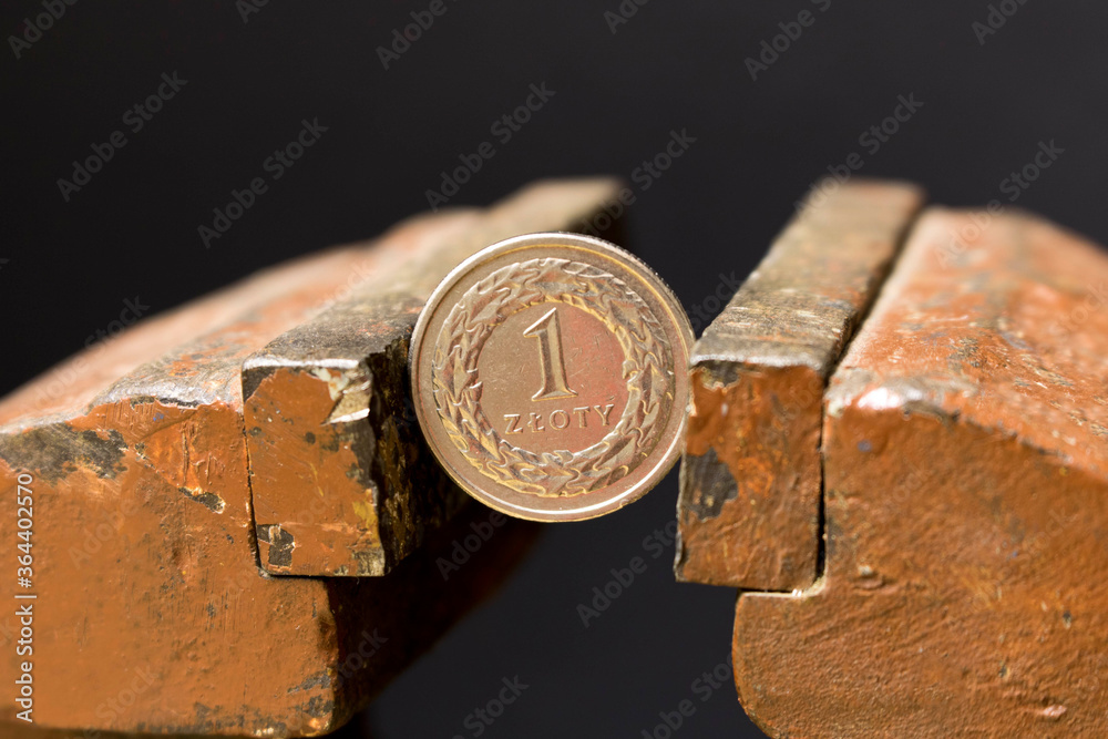 1 zloty coin in a metal vise. Concept of economic problems. Selective focus. Close up. 1 zloty coin in a metal vise. Concept of economic problems. Selective focus. Close up.