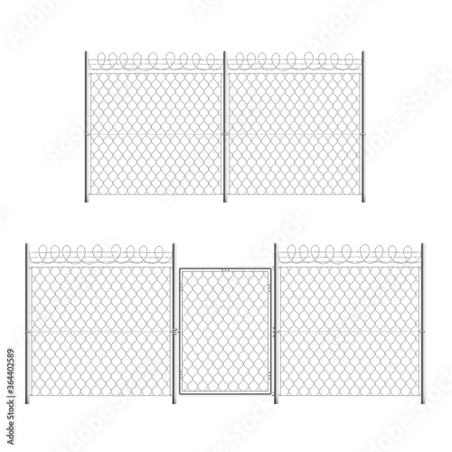 Metal prison security fence set with gate door and barbed wire
