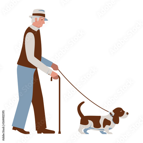 Old Man Walking a dog. Senior with Basset Hound on Leash. Elderly in Hat with Cane. Pensioners Activity. Vector illustration in blue and brown colors isolated on a white