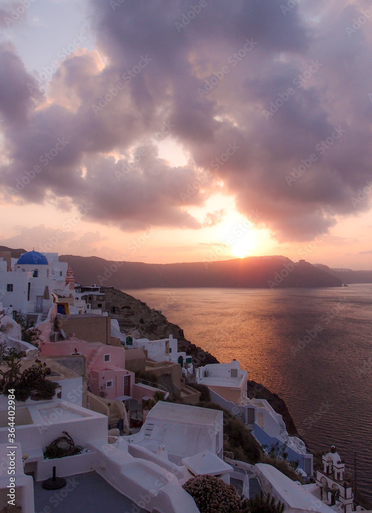 Sunrise in Oia in Santorini early in the morning with no people. Oia, Santorini, Greece, December 25, 2013.