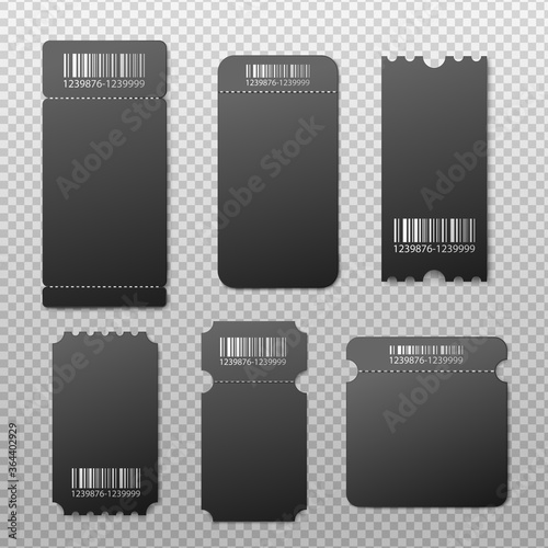 Set of blank black ticket cards mockups, realistic vector illustration isolated.