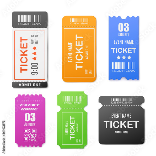 Set of paper ticket or coupon mockups realistic vector illustration isolated.