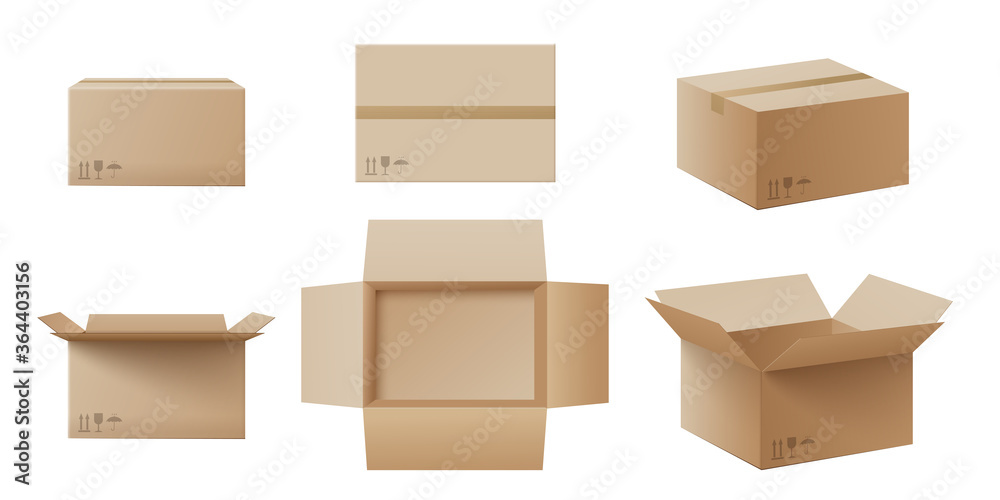 Realistic cardboard box mockup set from side, front and top view - obrazy, fototapety, plakaty 