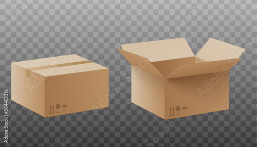 Mockup postal or delivery box packaging, realistic vector illustration isolated.