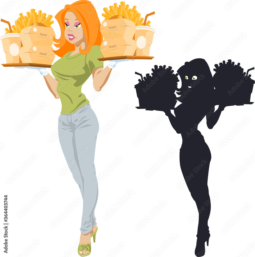Obraz premium Beautiful girl with tray of fast food. Funny people