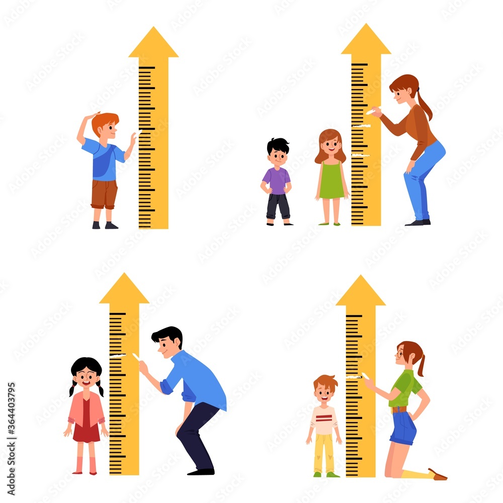 Kid height measure chart set little cartoon children standing by